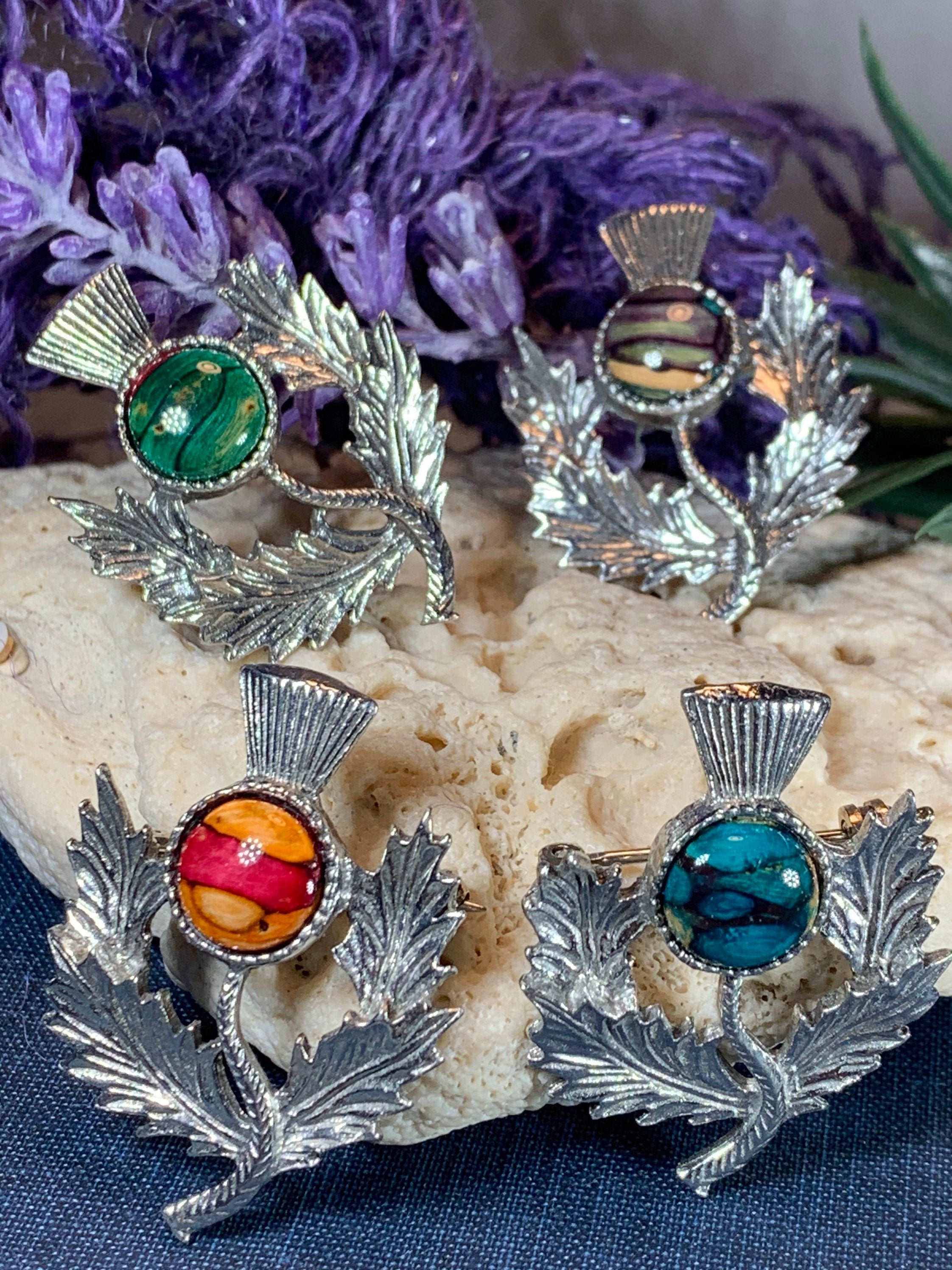 Pewter Heathergems Thistle Brooch - Handmade in Scotland
