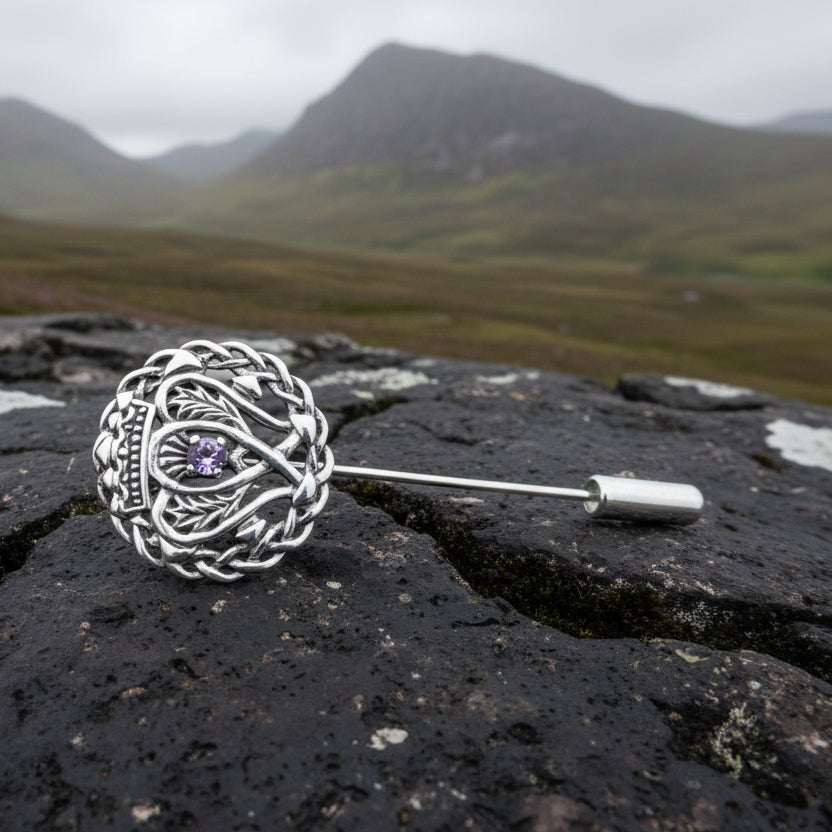 Luckenbooth Amethyst Stick Pin - Handmade in Scotland