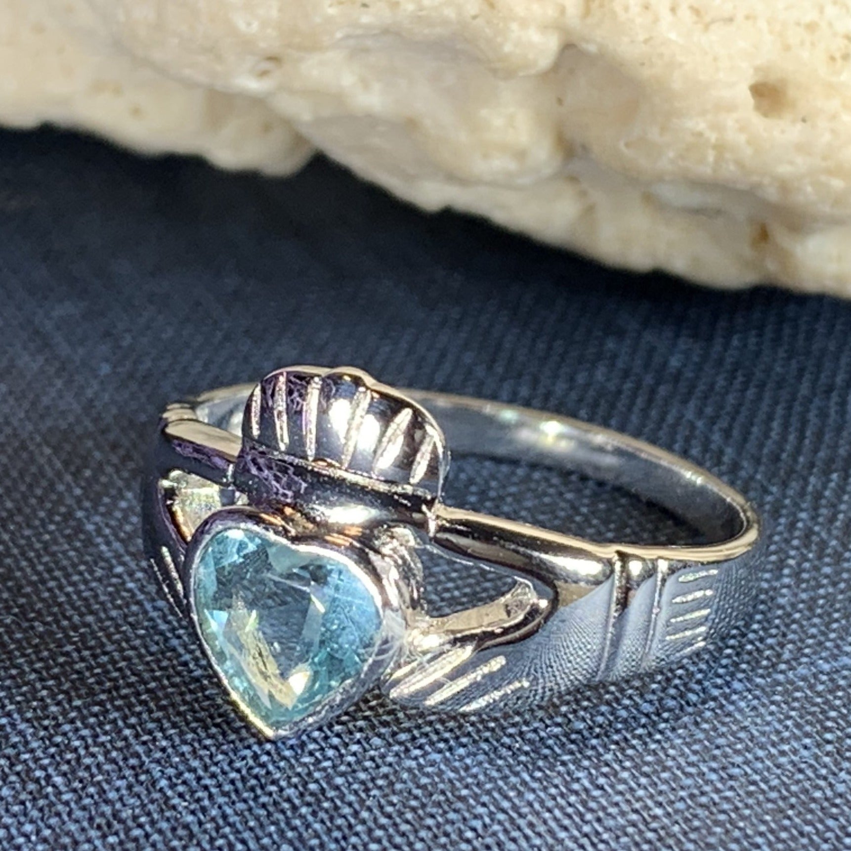 Blue Topaz Irish Claddagh Ring in Sterling Silver