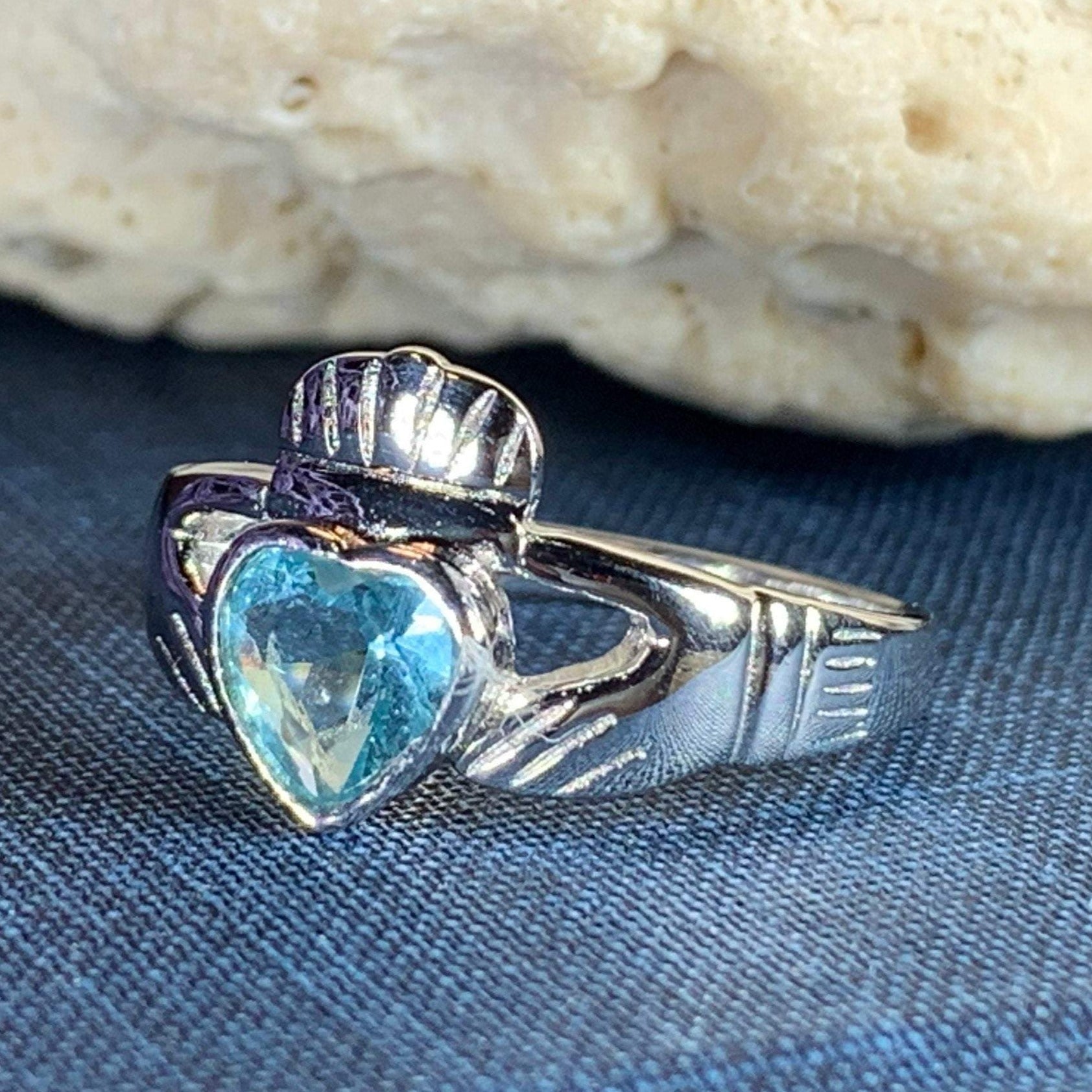 Blue Topaz Irish Claddagh Ring in Sterling Silver