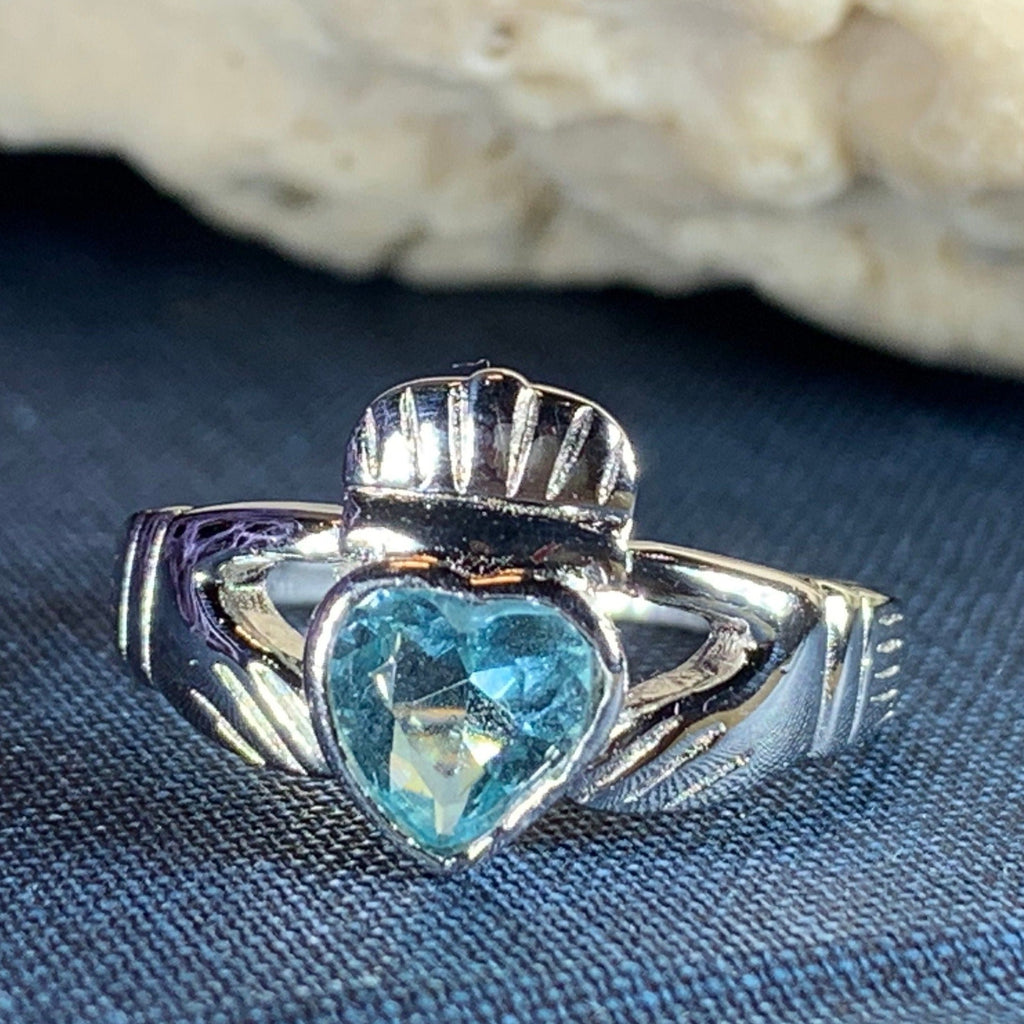 Blue Topaz Irish Claddagh Ring in Sterling Silver