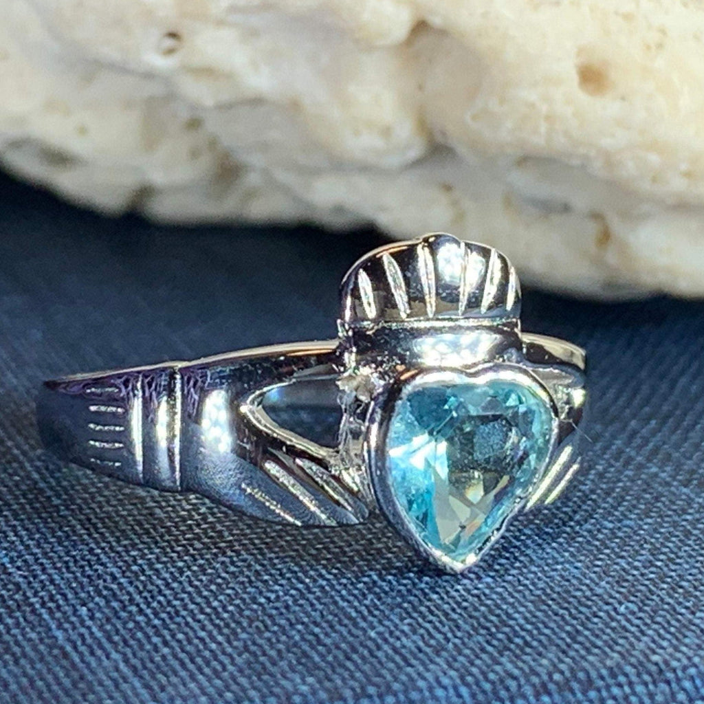 Blue Topaz Irish Claddagh Ring in Sterling Silver