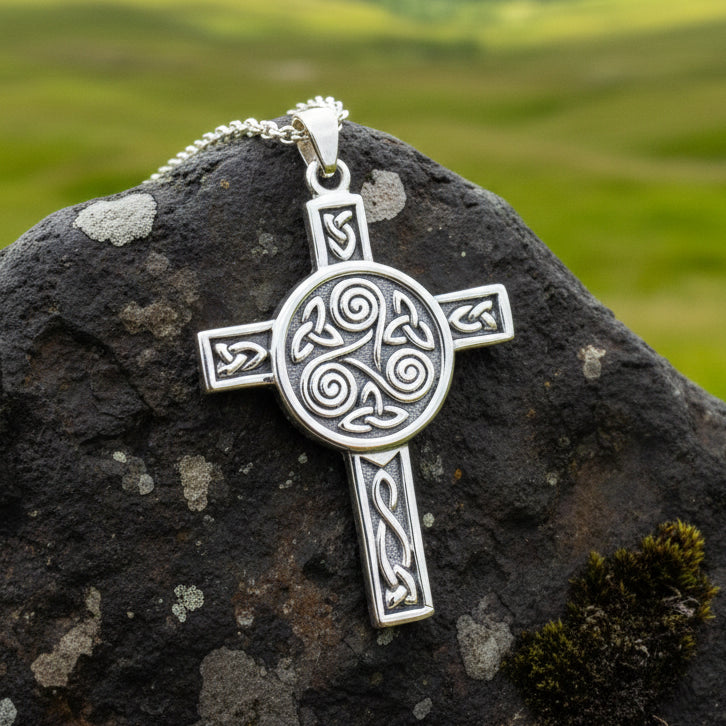 Triskel Celtic Cross Necklace in Sterling Silver