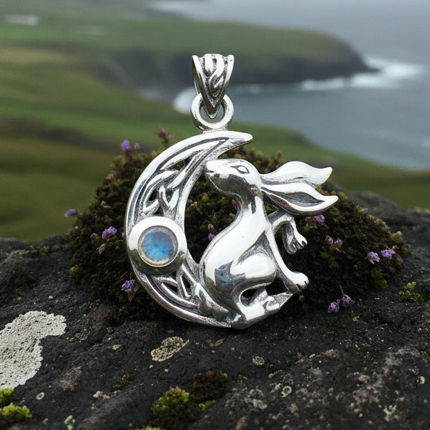 Celtic Rabbit Moon Necklace with Moonstone