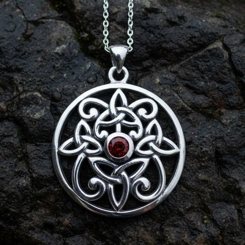 Oifa Trinity Knot Garnet Necklace in Sterling Silver