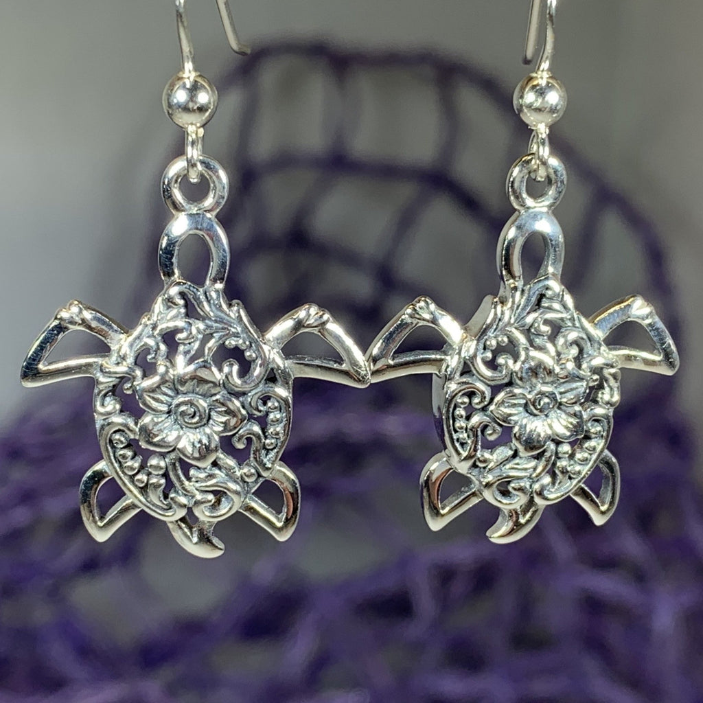 Boho Turtle Flower Earrings in Sterling Silver