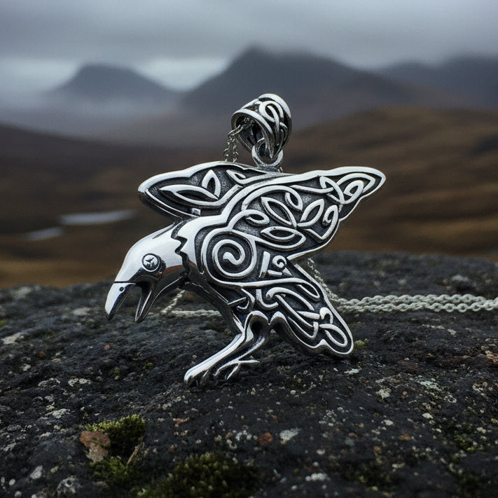Dauntless Celtic Raven Necklace in Sterling Silver