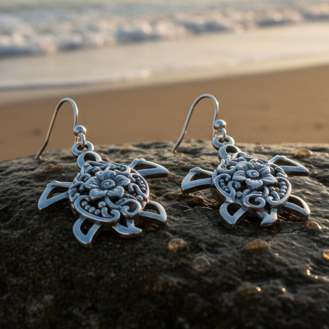 Boho Turtle Flower Earrings in Sterling Silver