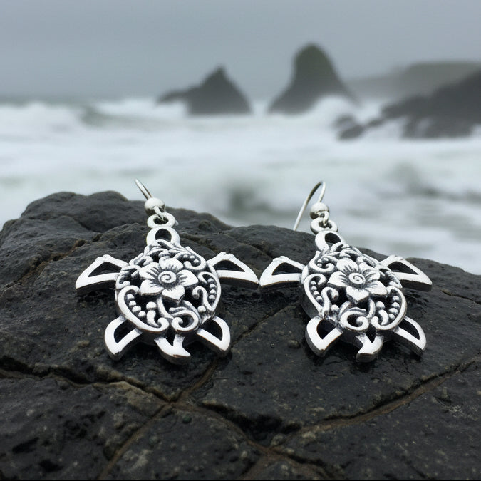 Boho Turtle Flower Earrings in Sterling Silver