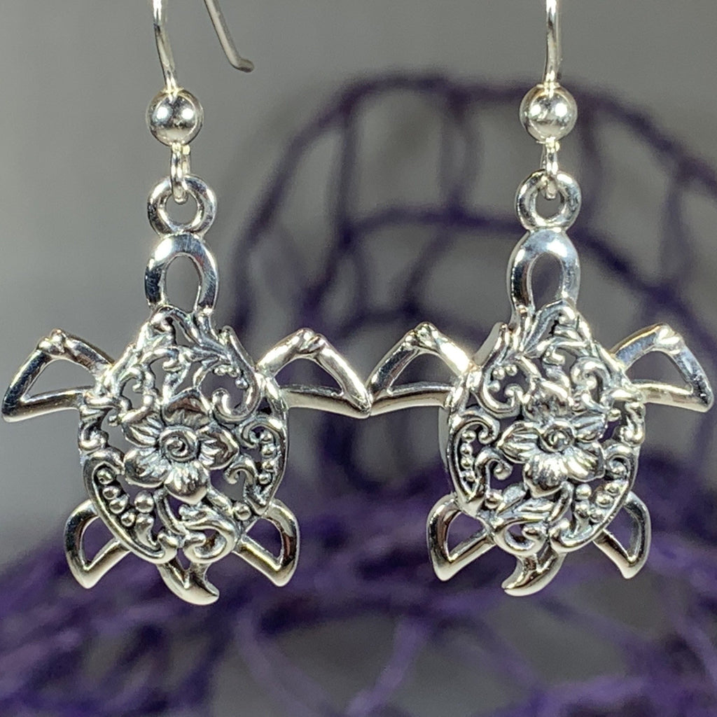 Boho Turtle Flower Earrings in Sterling Silver