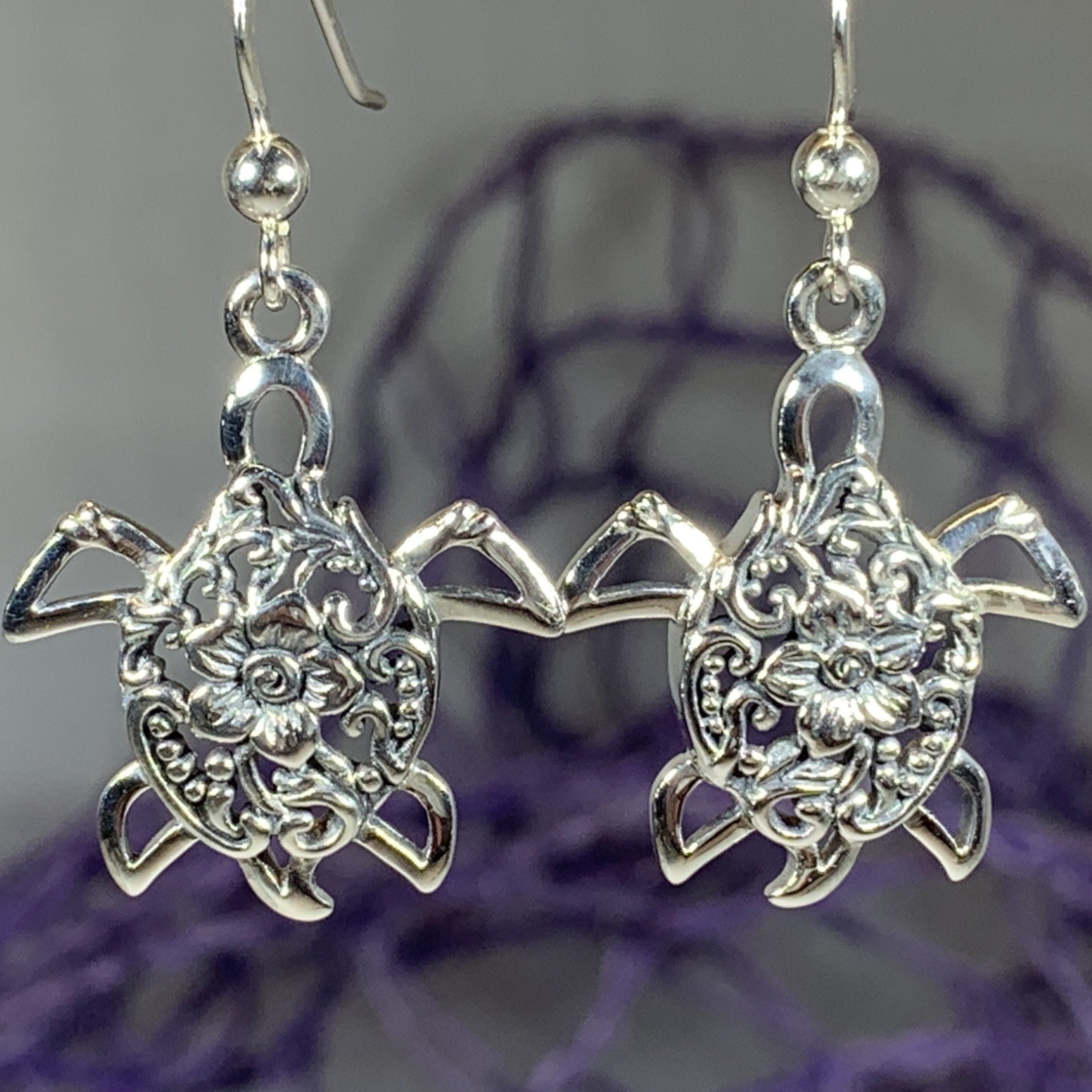 Boho Turtle Flower Earrings in Sterling Silver