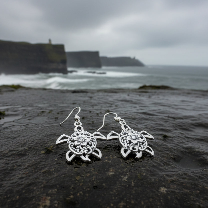 Boho Turtle Flower Earrings in Sterling Silver