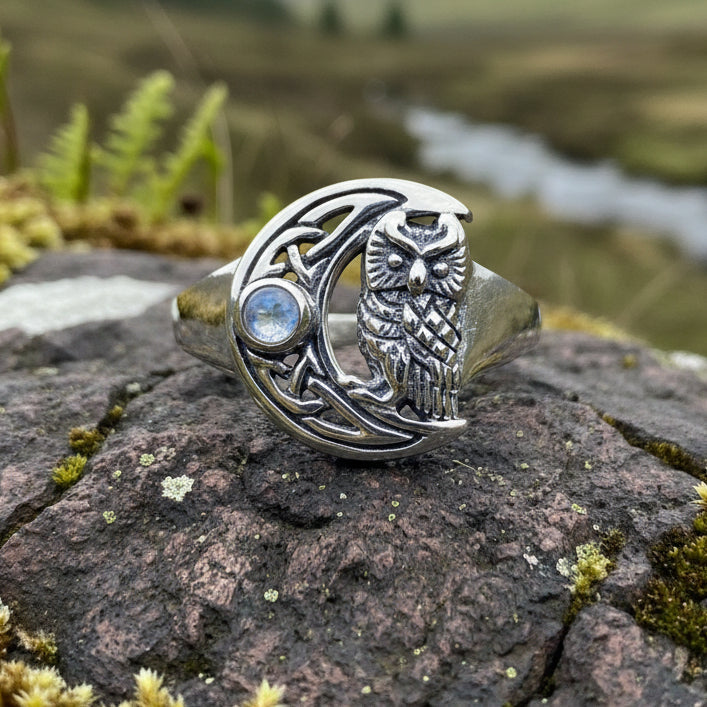 Celtic Owl Moon Ring with Moonstone