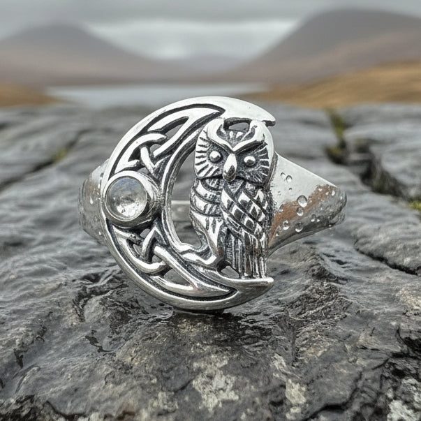 Celtic Owl Moon Ring with Moonstone