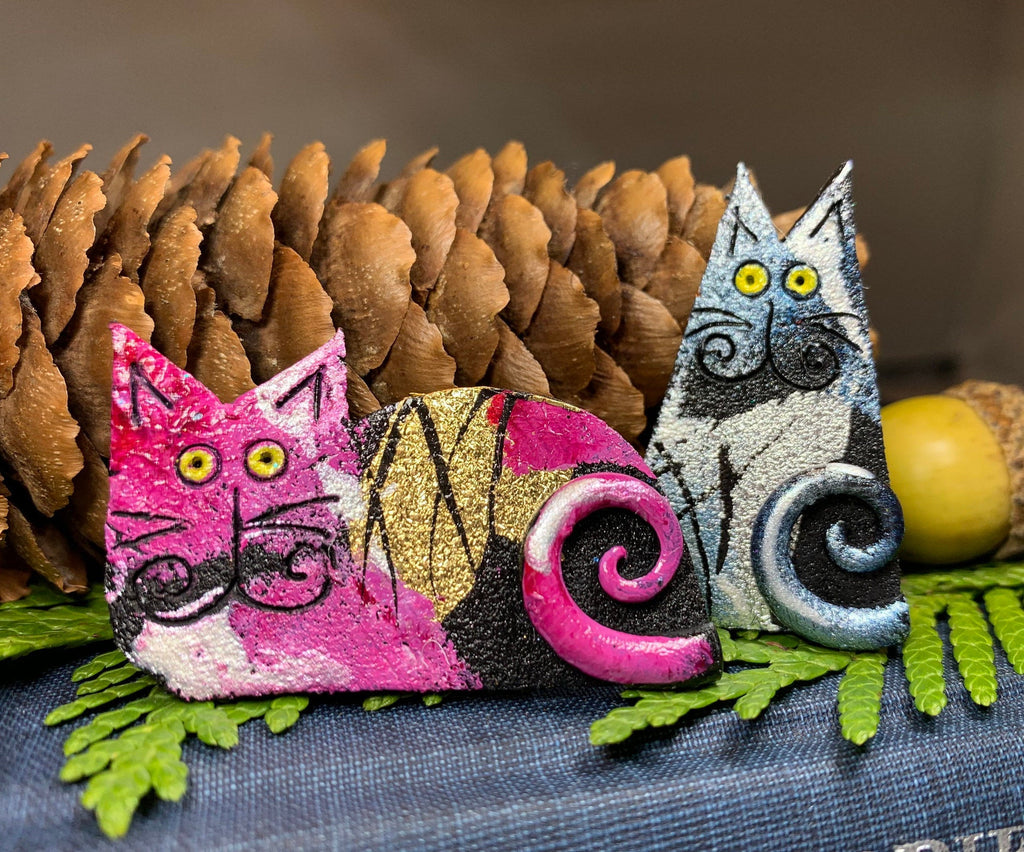 Whimsical Sitting Cat Brooch - Handmade in Scotland