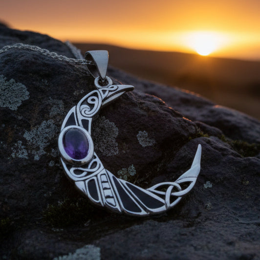 Aulay Celtic Raven Moon Necklace in Sterling Silver