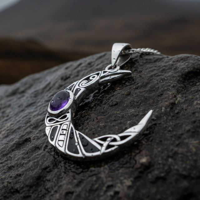 Aulay Celtic Raven Moon Necklace in Sterling Silver