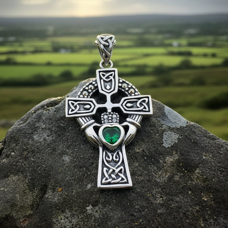 Irish Claddagh Celtic Cross Necklace in Sterling Silver