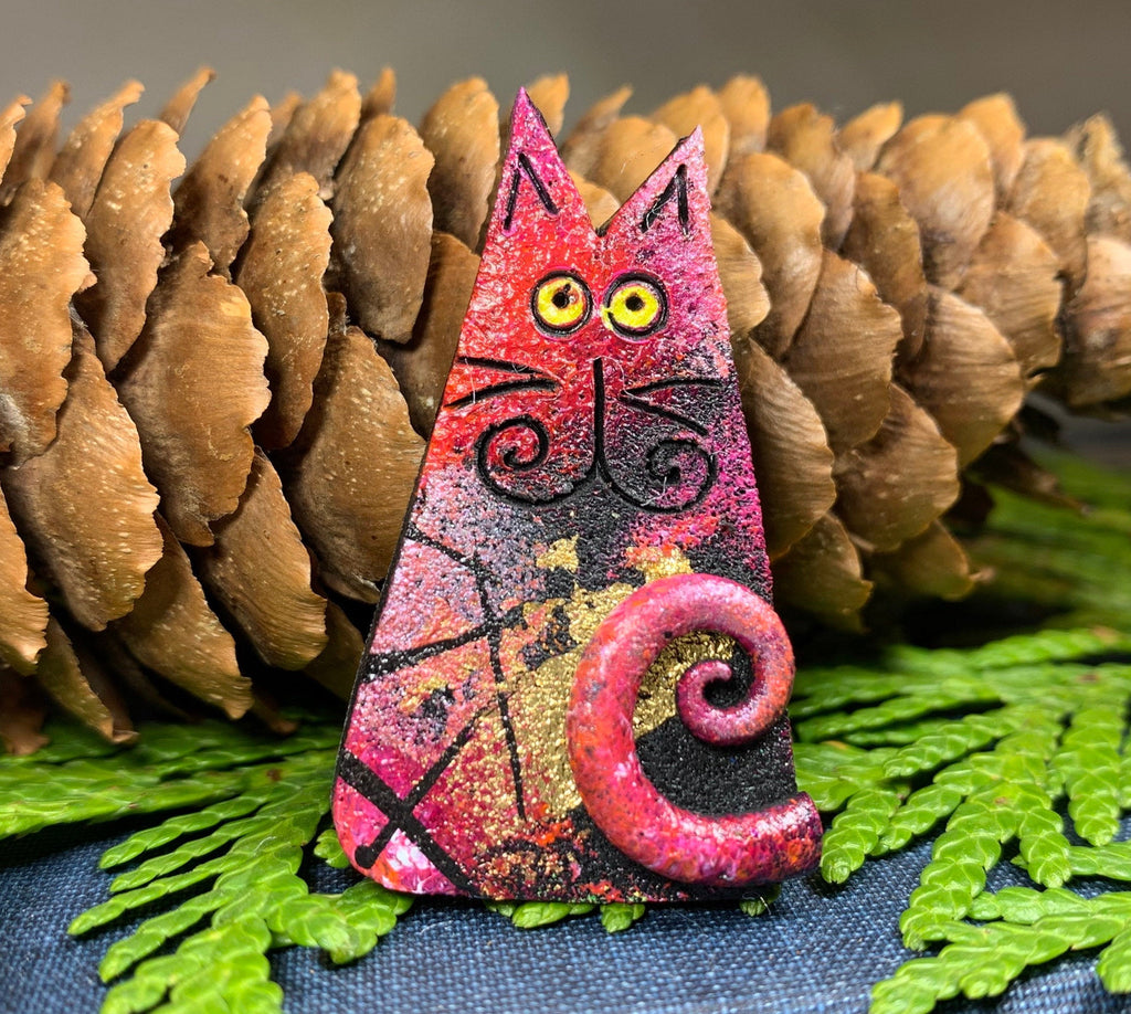 Whimsical Sitting Cat Brooch - Handmade in Scotland