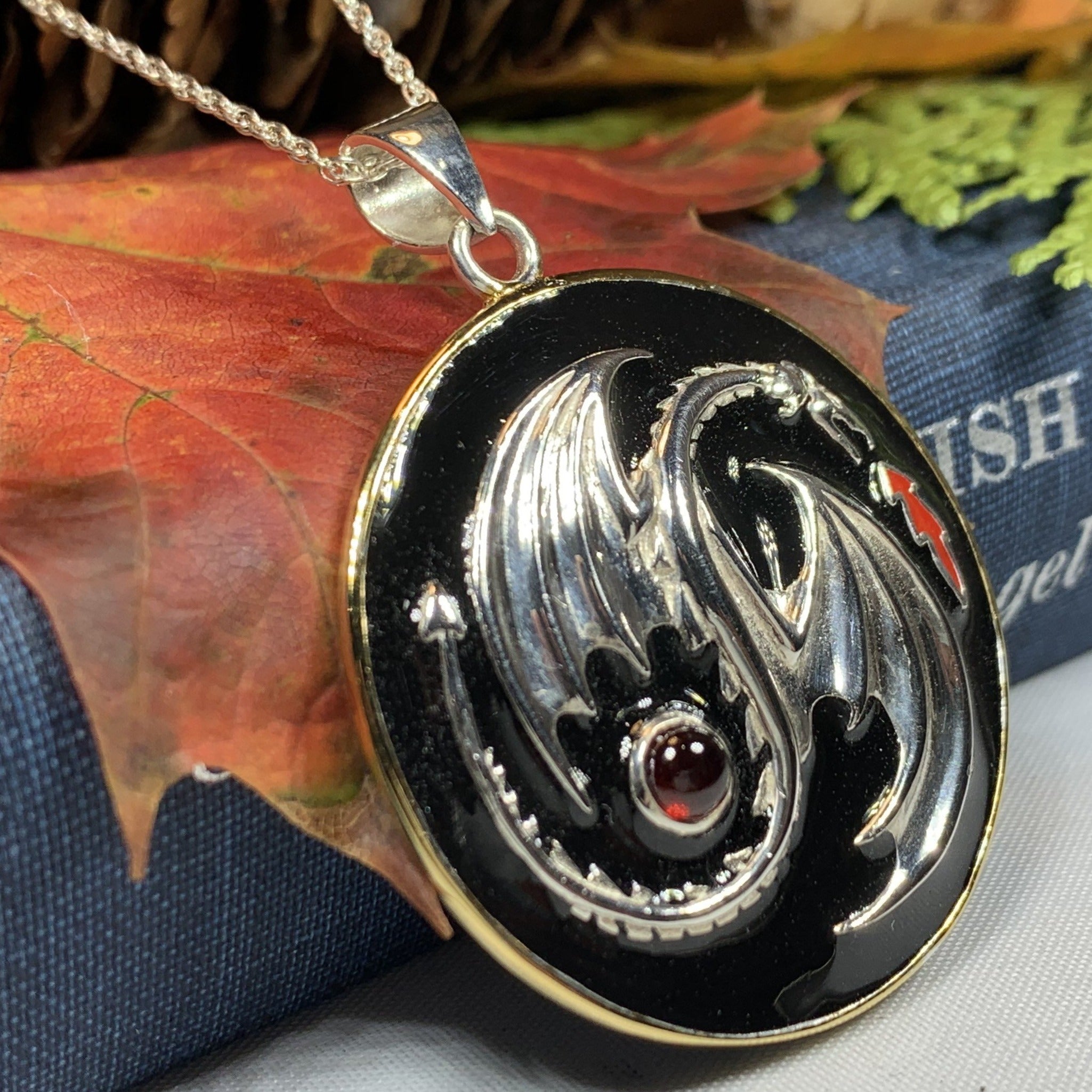 Dragon Yin Yang Garnet Necklace in Sterling Silver