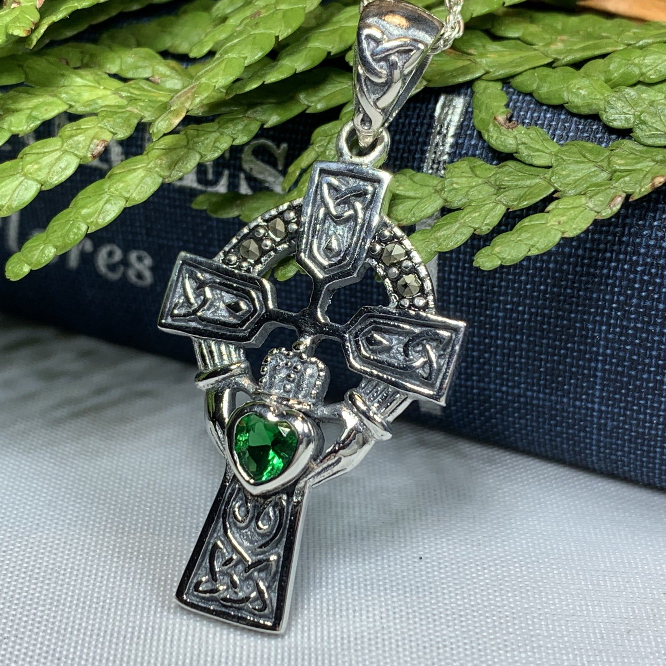 Irish Claddagh Celtic Cross Necklace in Sterling Silver