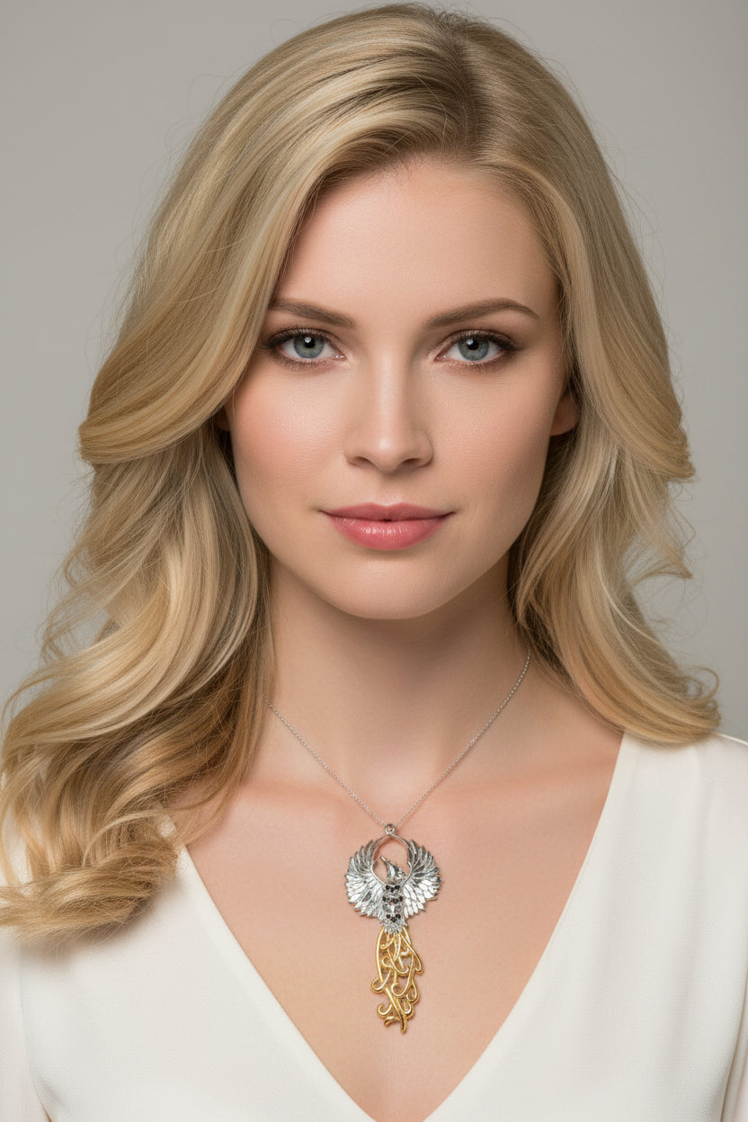 Golden Fire Phoenix Necklace in Sterling Silver
