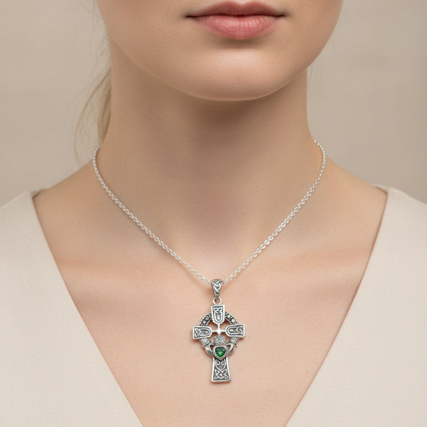 Irish Claddagh Celtic Cross Necklace in Sterling Silver