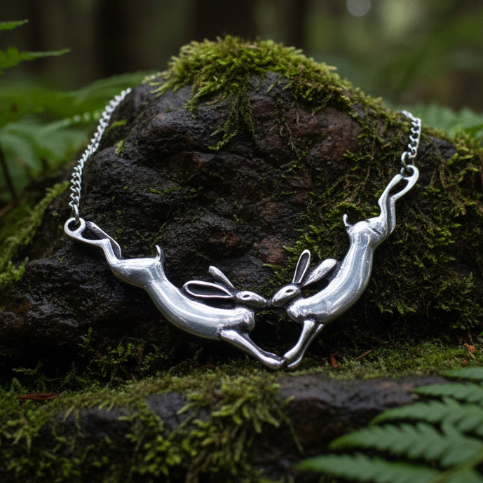 Two Rabbits Necklace in Pewter