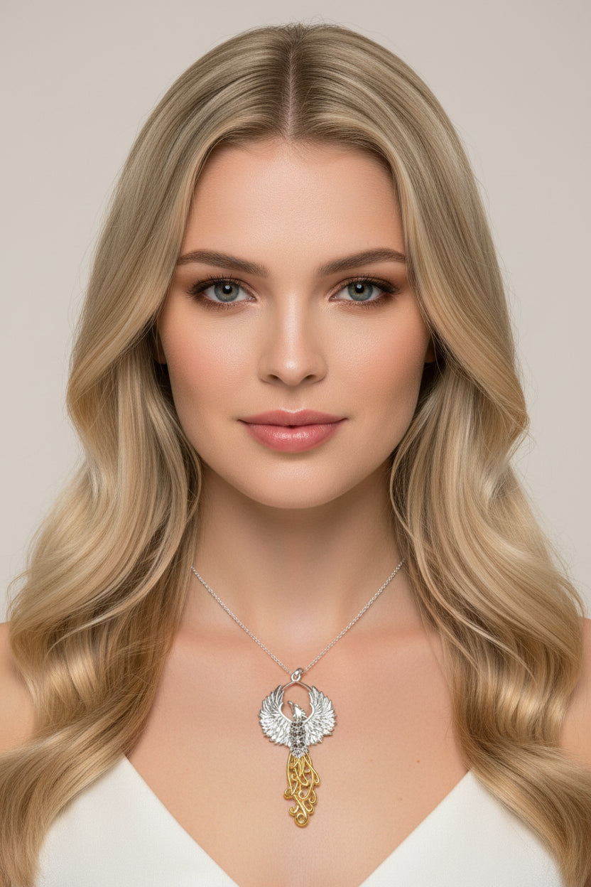 Golden Fire Phoenix Necklace in Sterling Silver