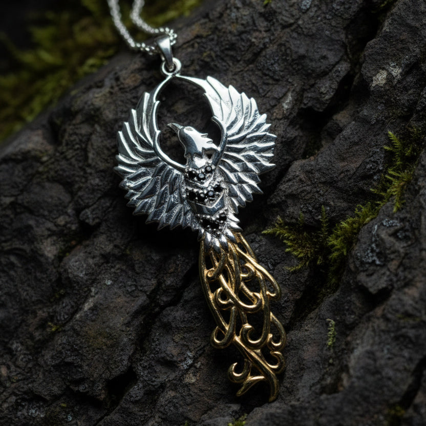 Golden Fire Phoenix Necklace in Sterling Silver