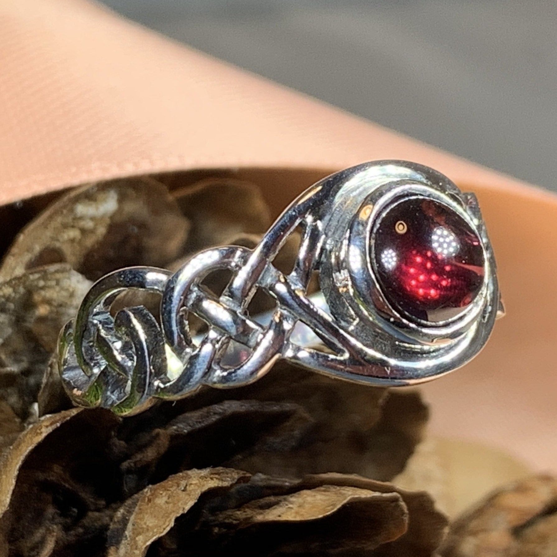 Leah Celtic Knot Garnet Ring in Sterling Silver