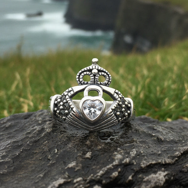 Devotion Marcasite Irish Claddagh Ring in Sterling Silver