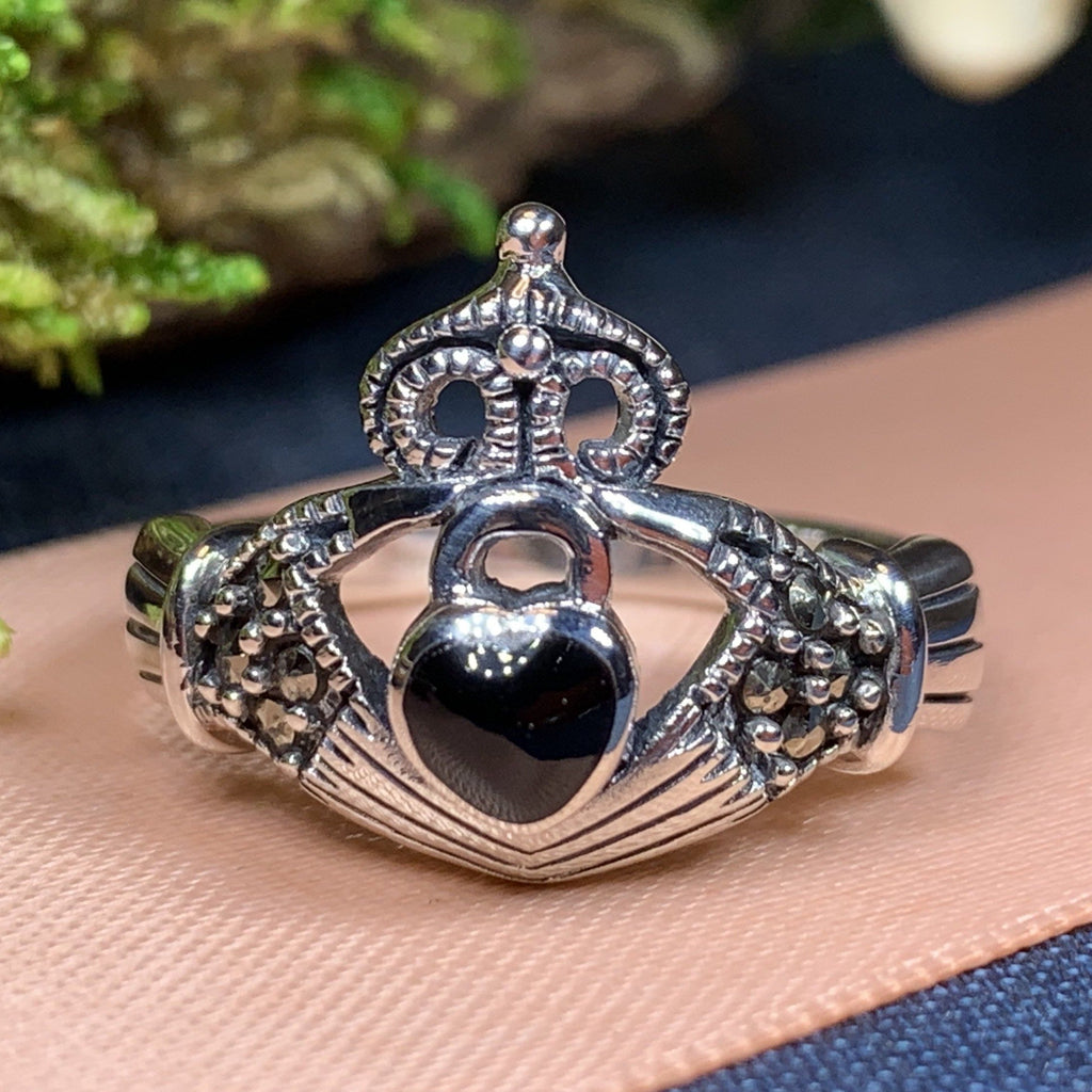 True Bond Onyx Irish Claddagh Ring in Sterling Silver