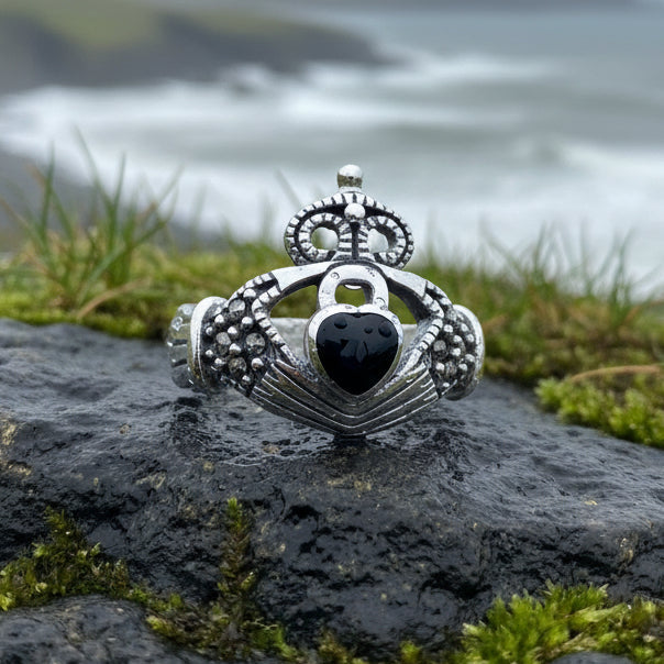 True Bond Onyx Irish Claddagh Ring in Sterling Silver