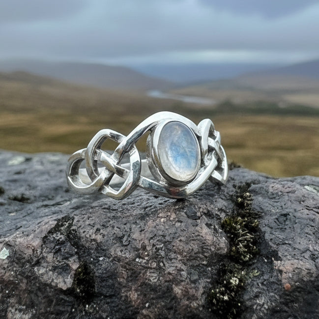 Celeste Celtic Knot Moonstone Ring in Sterling Silver