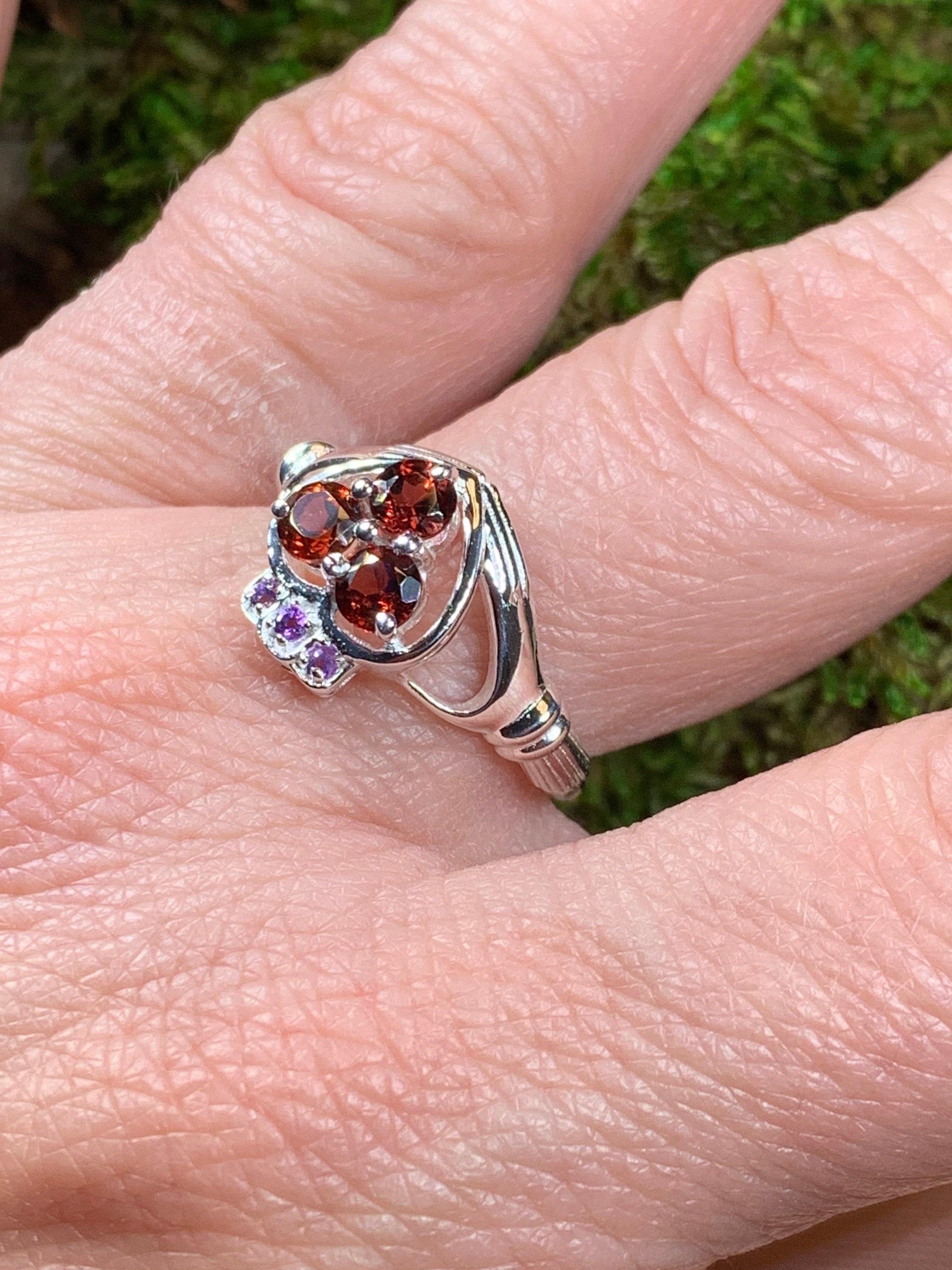 Irish True Love Garnet Claddagh Ring in Sterling Silver