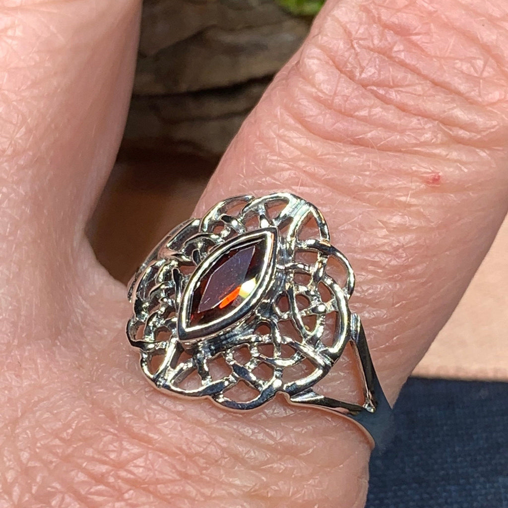 Leanna Garnet Celtic Knot Ring in Sterling Silver