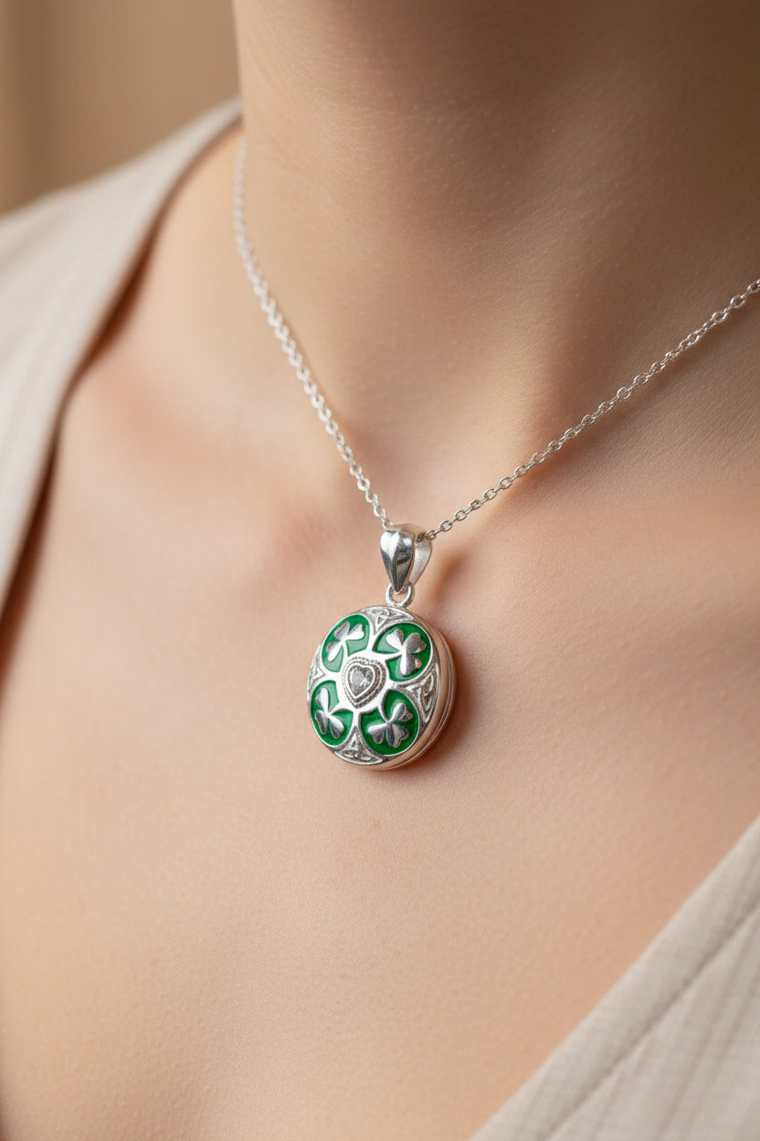 Irish Shamrock Locket Necklace in Sterling Silver
