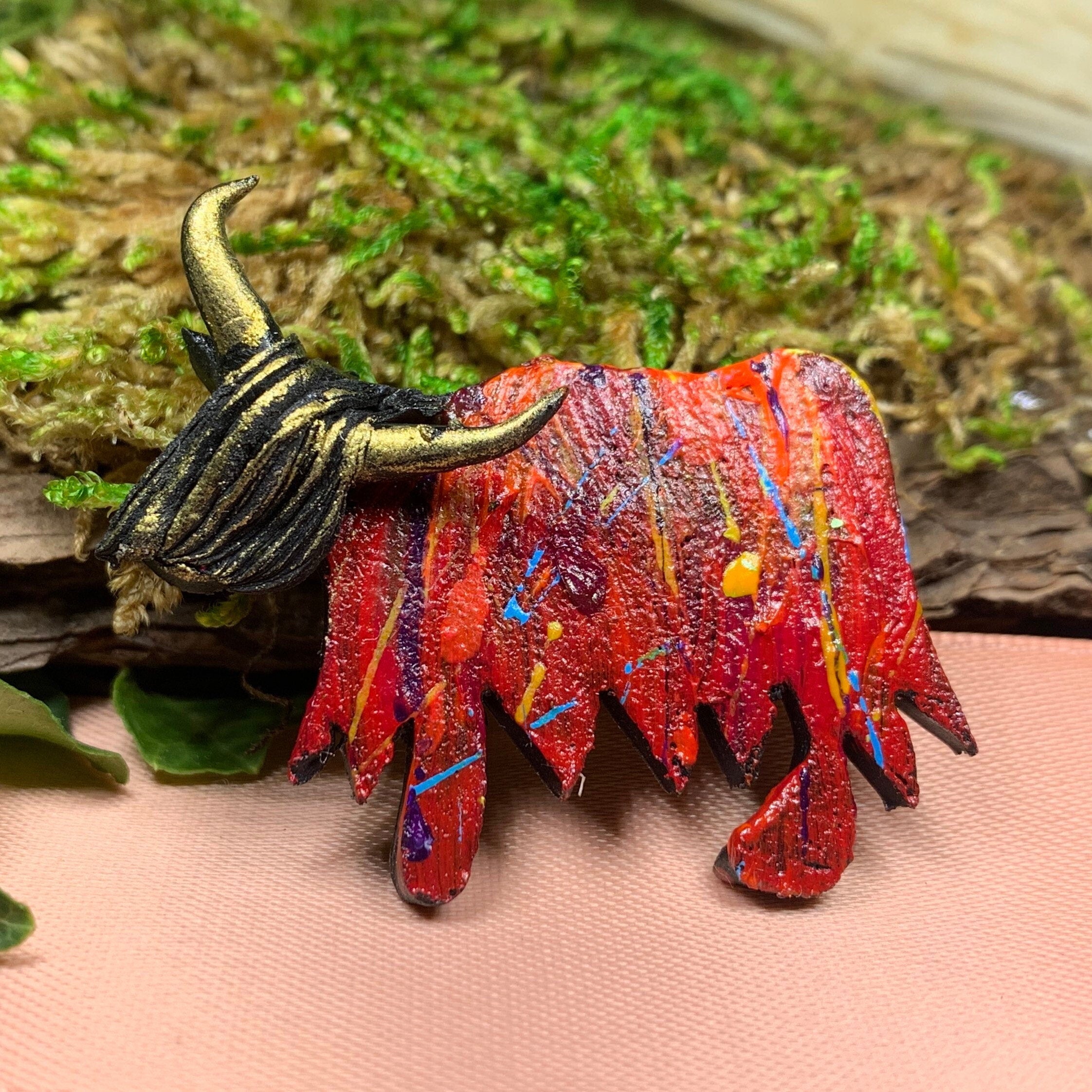 Splatter Highland Cow Brooch - Handmade in Scotland