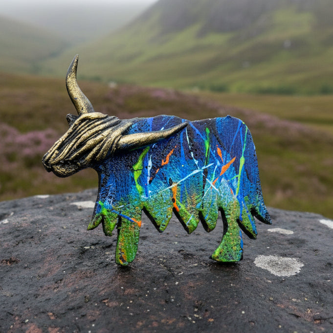 Splatter Highland Cow Brooch - Handmade in Scotland
