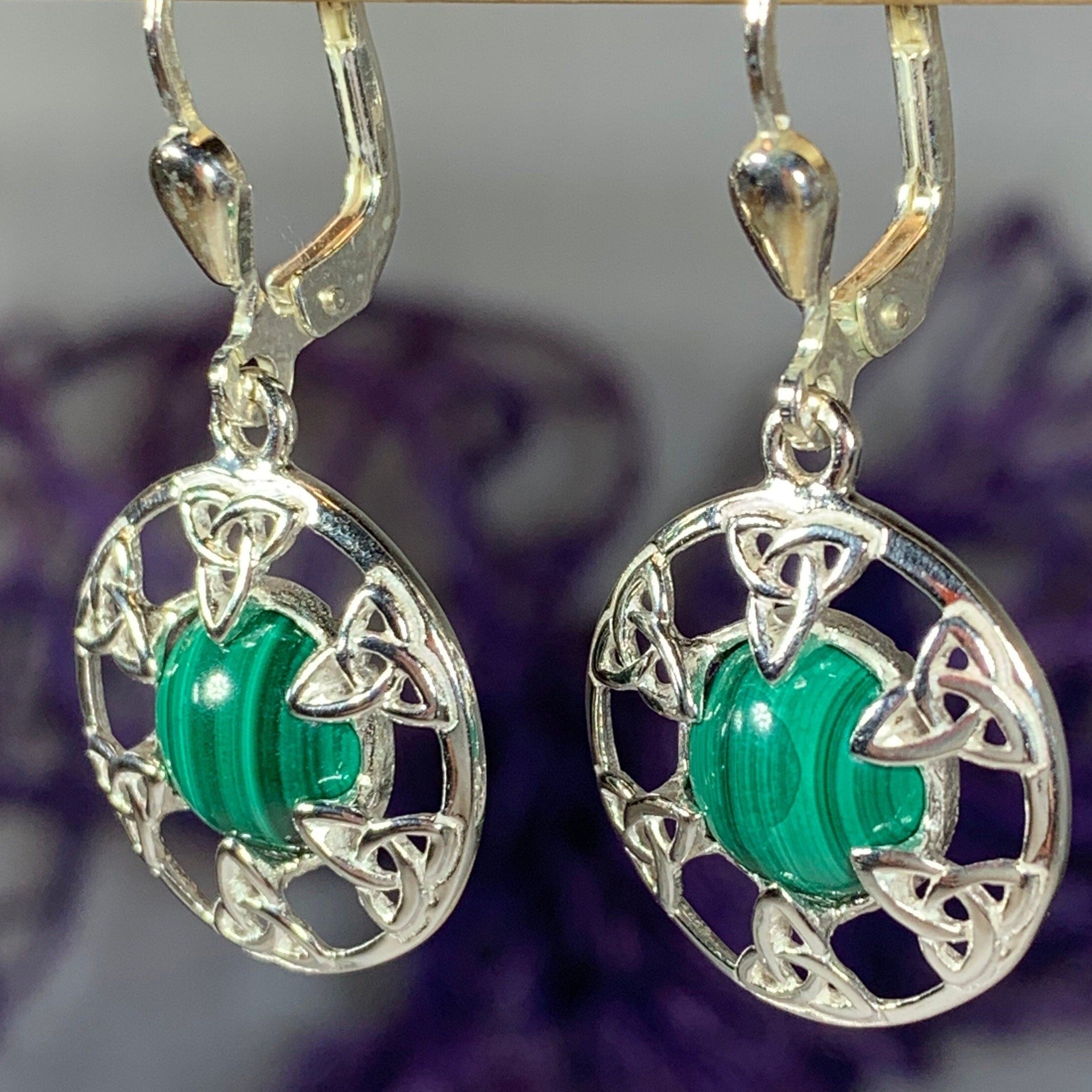 Malachite Trinity Knot Earrings - Made in Ireland