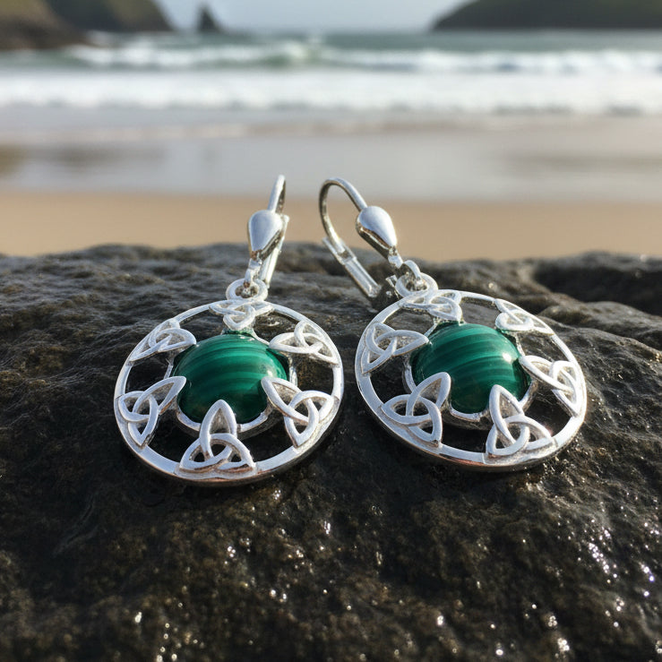Malachite Trinity Knot Earrings - Made in Ireland