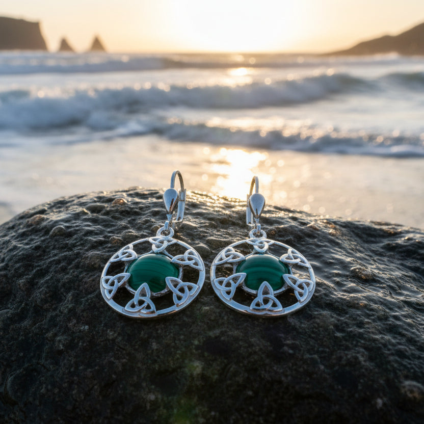 Malachite Trinity Knot Earrings - Made in Ireland
