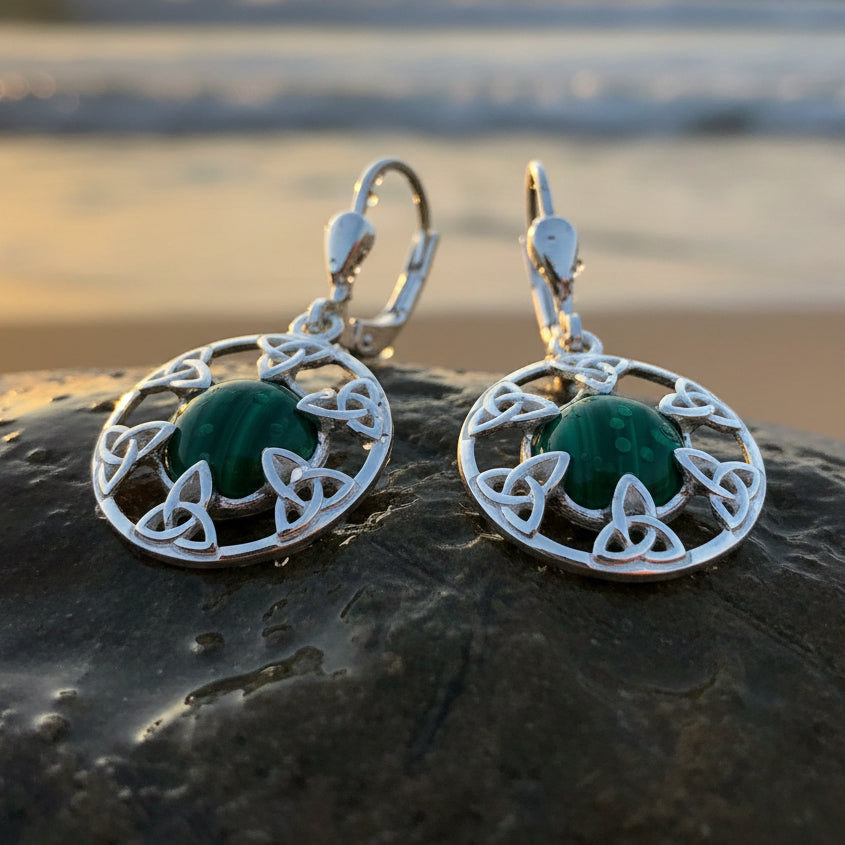 Malachite Trinity Knot Earrings - Made in Ireland