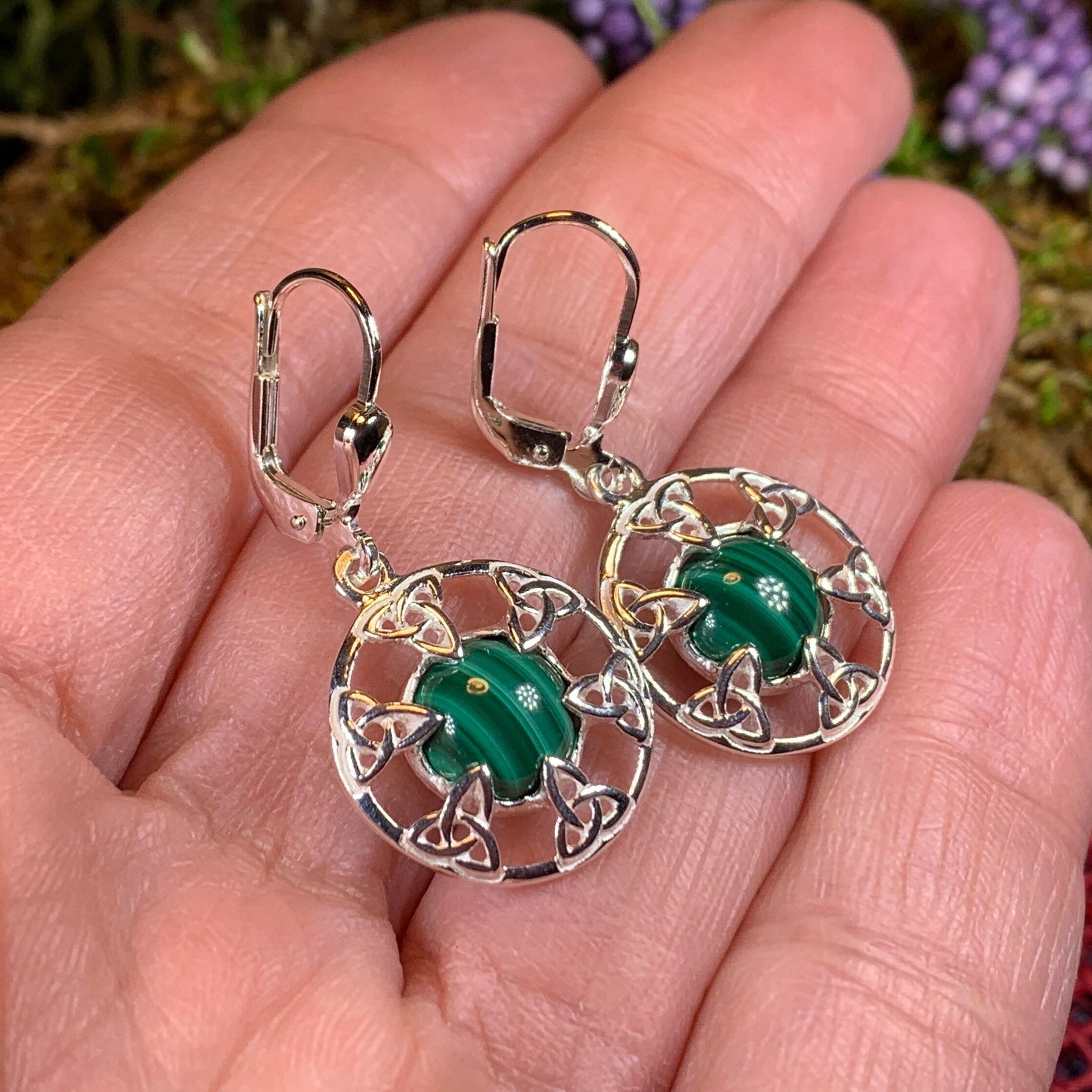 Malachite Trinity Knot Earrings - Made in Ireland