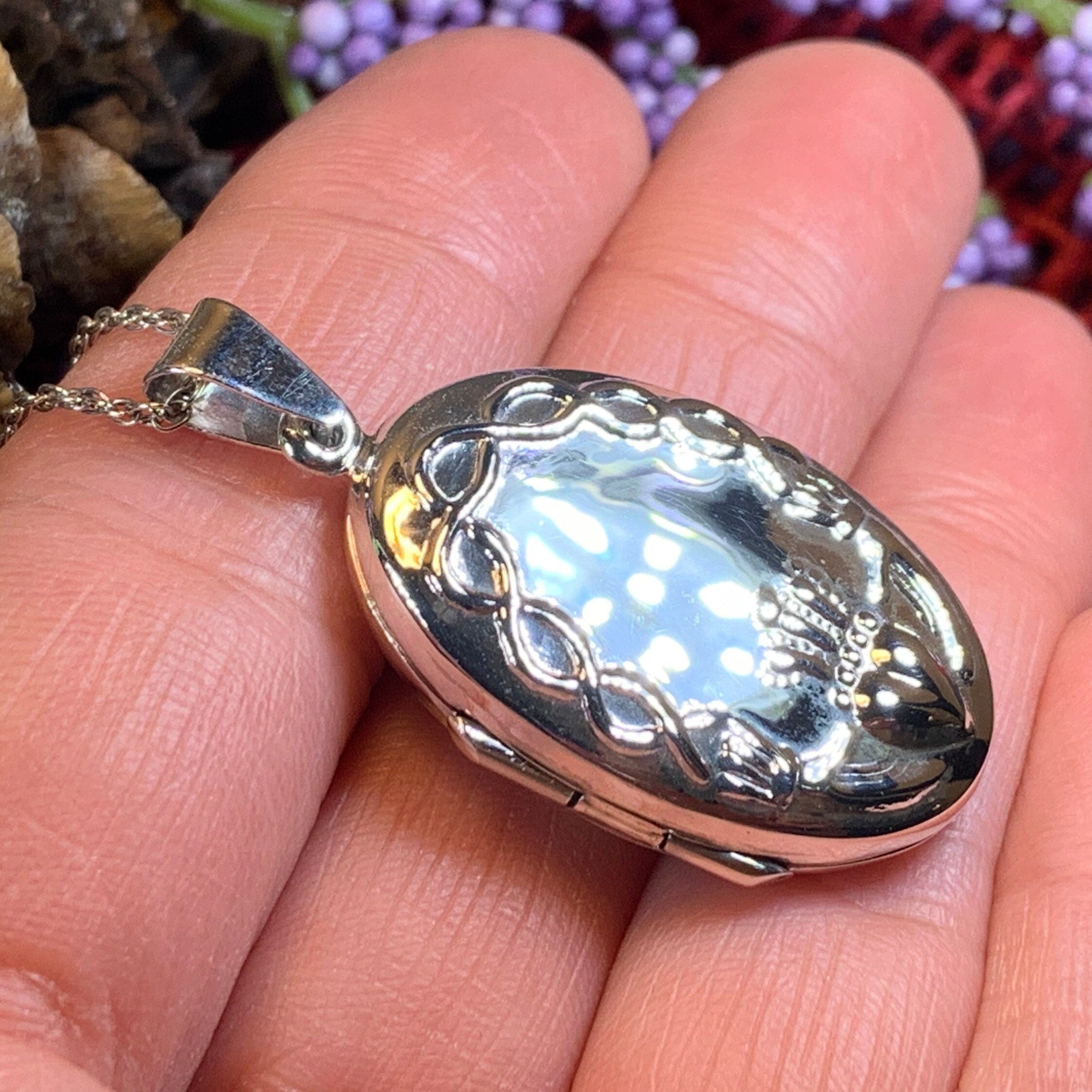 Oval Claddagh Locket Necklace in Sterling Silver