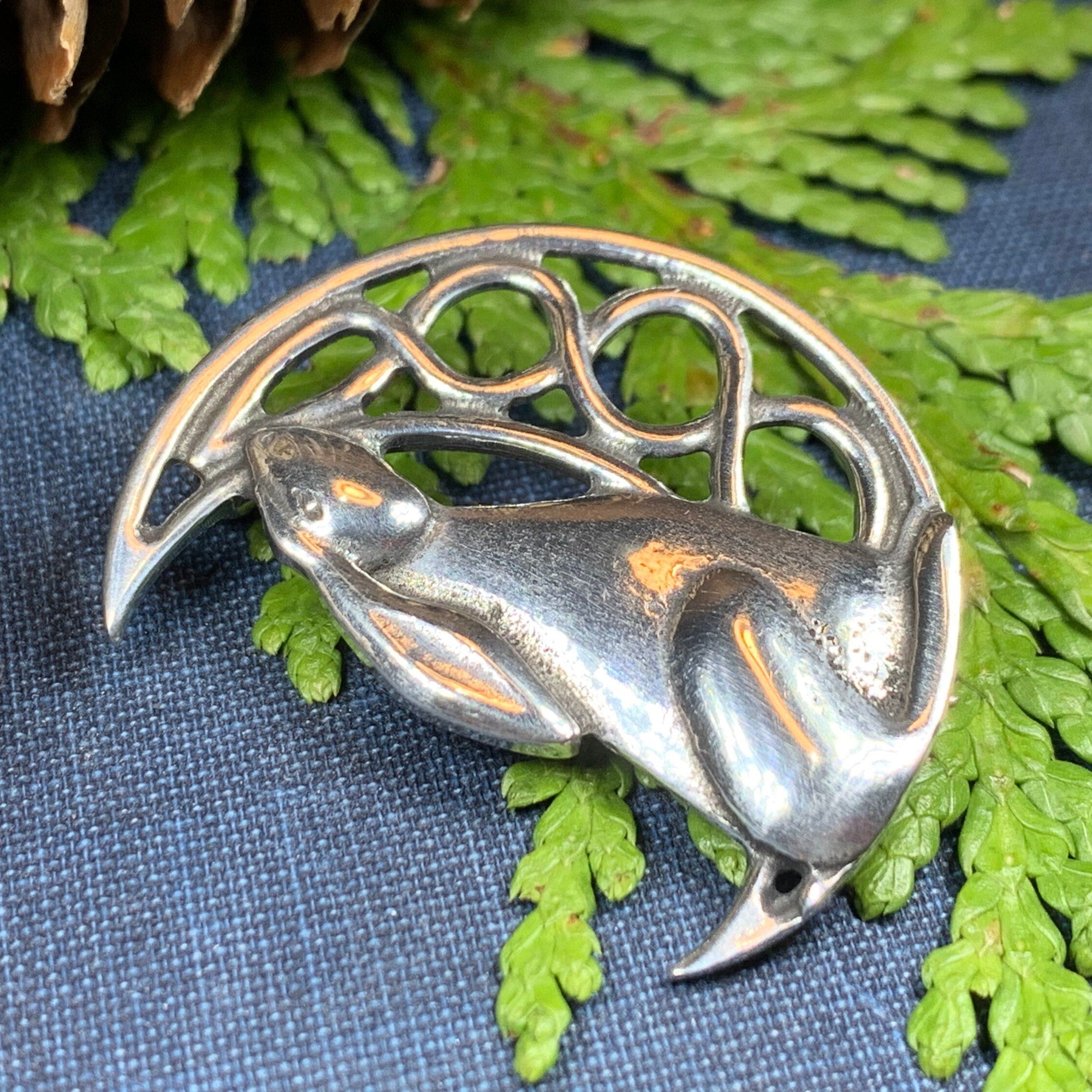 Evanora Celtic Rabbit Moon Pin in Pewter