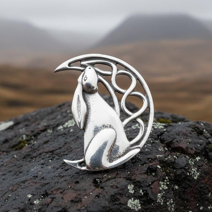 Evanora Celtic Rabbit Moon Pin in Pewter