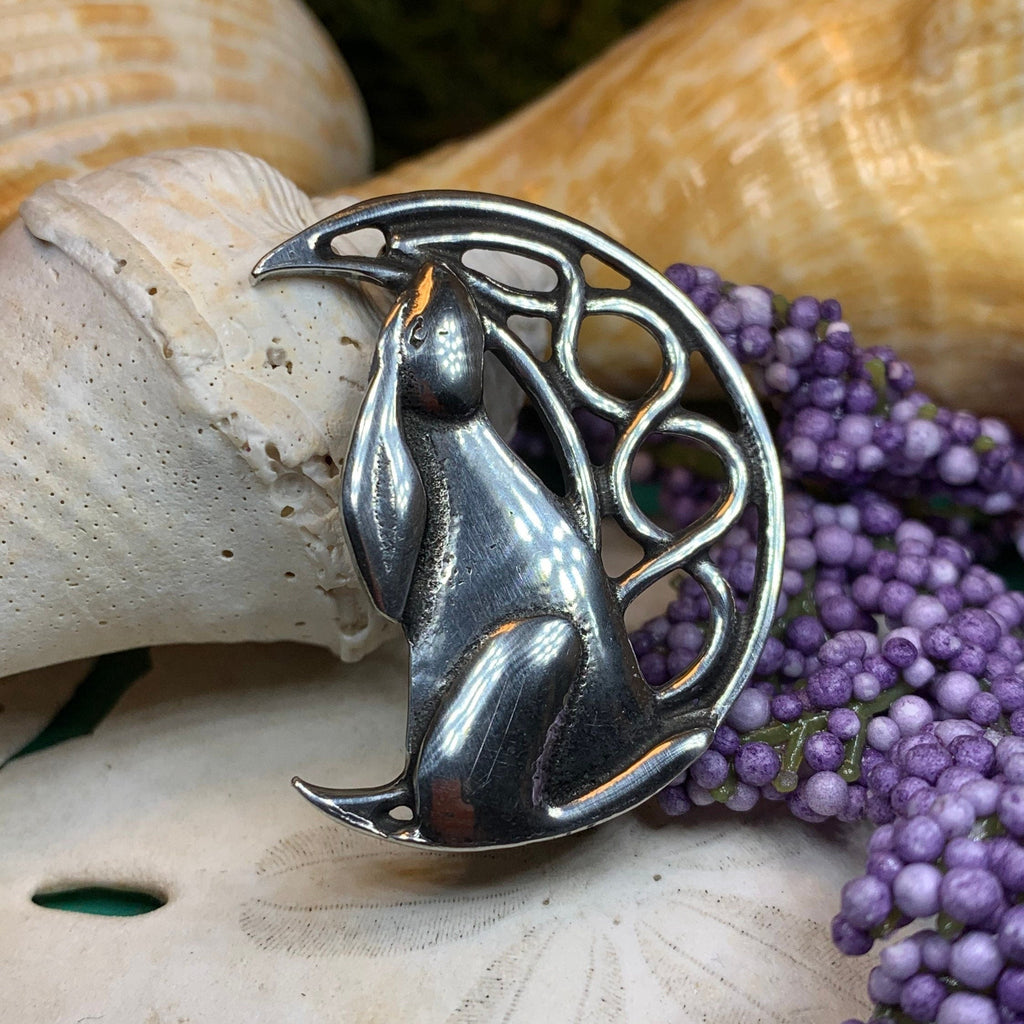 Evanora Celtic Rabbit Moon Pin in Pewter