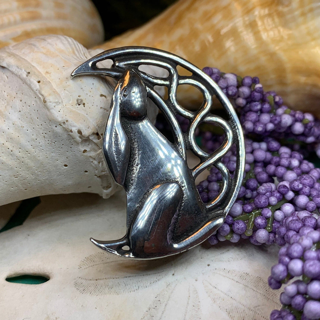 Evanora Celtic Rabbit Moon Pin in Pewter